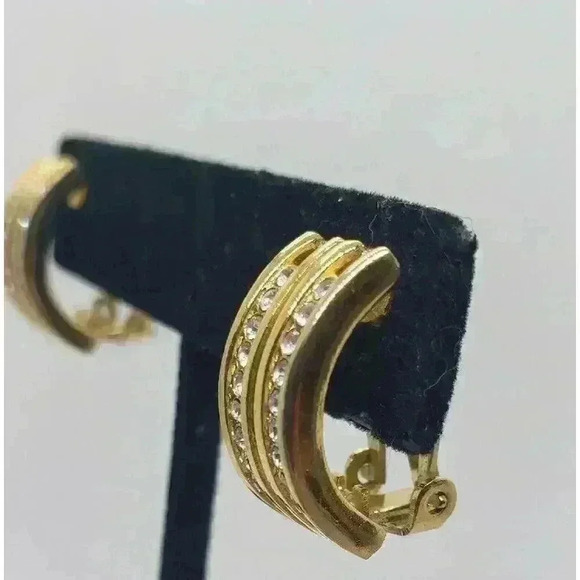 Vintage Hanae Mori Chanter Paris Clip Gold Rhinestone Earrings - Picture 2 of 11